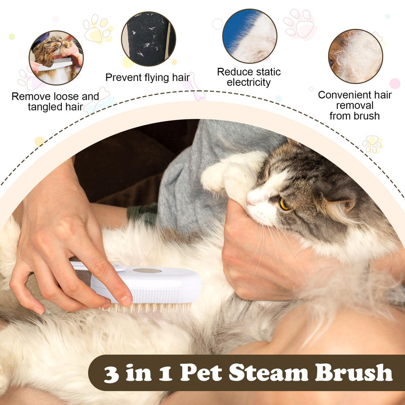 3-in-1 Cat Steam Brush for Shedding, Massaging & Grooming, Rechargeable, Misty Brush for Cats & Dogs, White, 3 Count - PawsPlanet Australia
