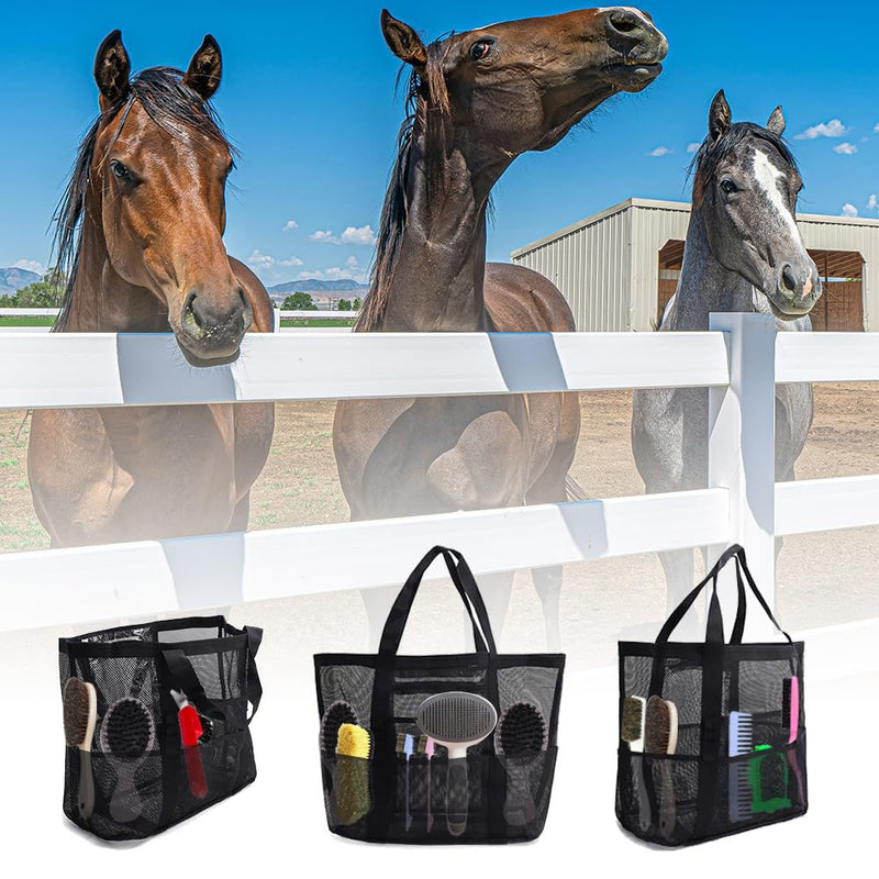Smanllan Horse Grooming Organizer Bag,8 Pockets Waterproof Horse Grooming Tote Bag with Mesh (Black) Black - PawsPlanet Australia