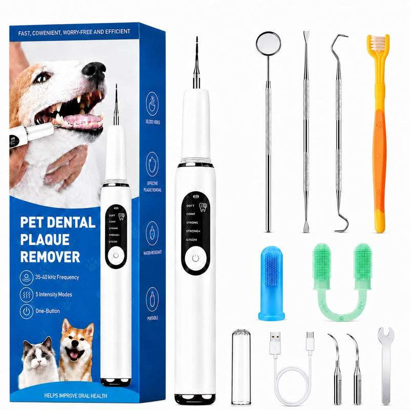 Dog Teeth Cleaning Kit Dog Plaque and Tartar Remover with LED Light 5 Adjustable Modes Electric Toothbrush Pet Teeth Cleaner for Dogs and Cats (Off-White) Off-white