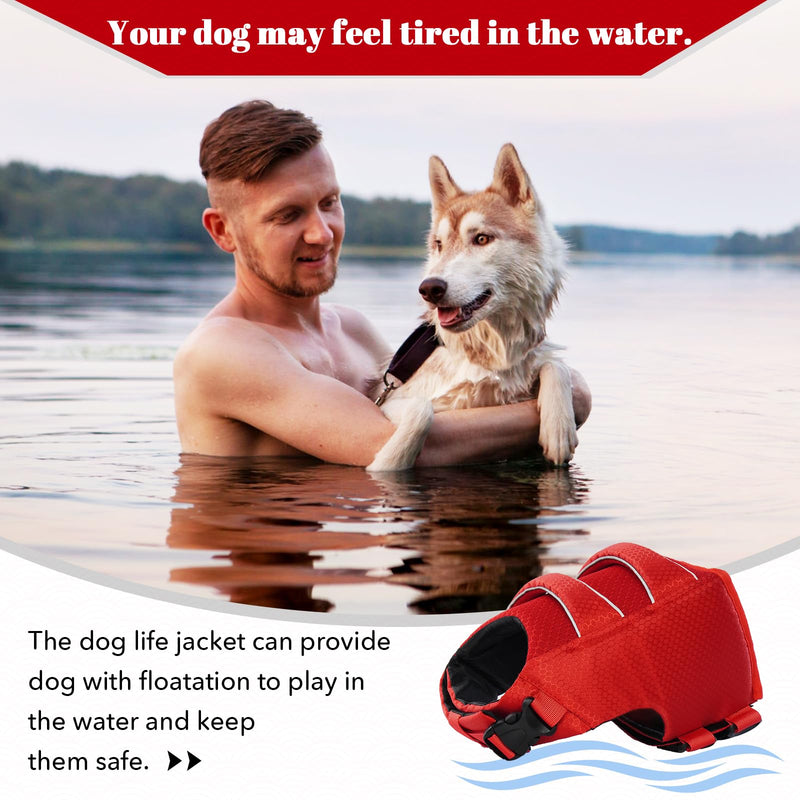 DENTRUN High Visibility Dog Life Jacket, Dog Life Vest for Swimming Boating Puppy Life Preserver Floatation Safety Pool Lake Reflective Float Coat Wetsuit & Rescue Handle for Medium Dog, Red