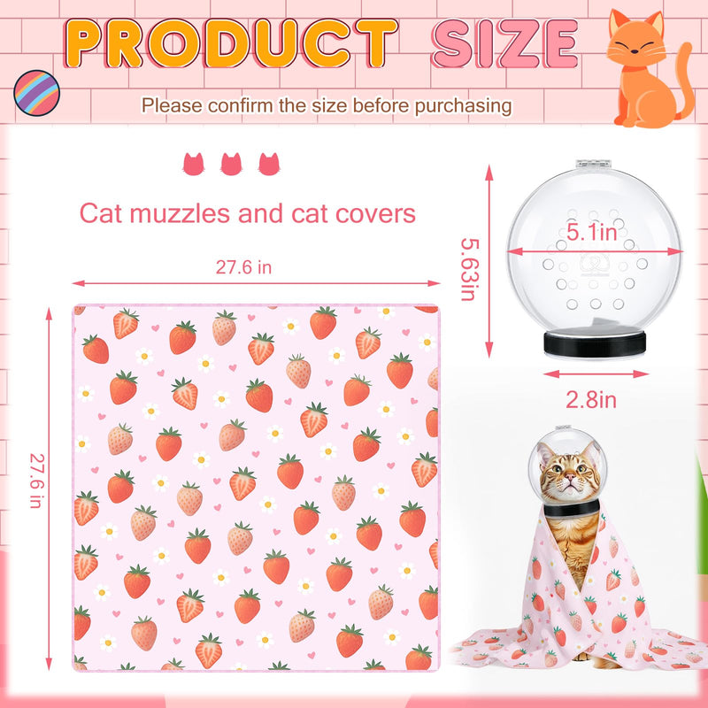 Chunful Cat Muzzle for Grooming, Cat Helmet and Wrap for Cutting Nails, M Size Adjustable Mask, 27.6" Anti-Escape Calming Swaddle Cloth, Bathing Shaving Anti-Scratch Pet Tools(Strawberry) Strawberry