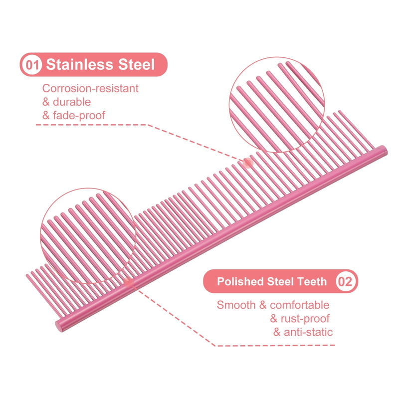 Dog Cat Comb, Pet Combs Stainless Steel Teeth with Rounded Ends for Knots Mats Loose Hair Removal, 7.5IN (Pink Coated, 3 Pack), Grooming Tool Intended for Long Curly Hair Pet Pink Coated 7.5 IN