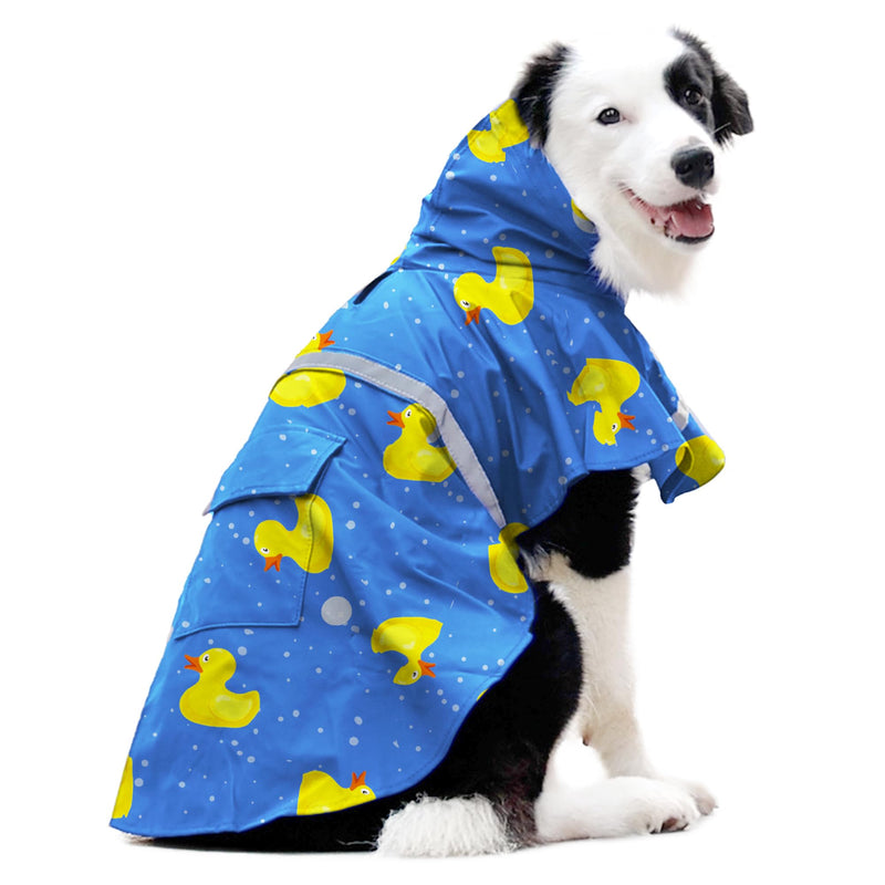 DELIFUR Large Dog Raincoat- Waterproof Dog Rain Poncho Adjustable Double Layer Rain Jacket with Hood for Medium Large Dogs Designed with Leash Hole Reflective Strip and Ducks (Blue Duck, X-Large) Blue Duck