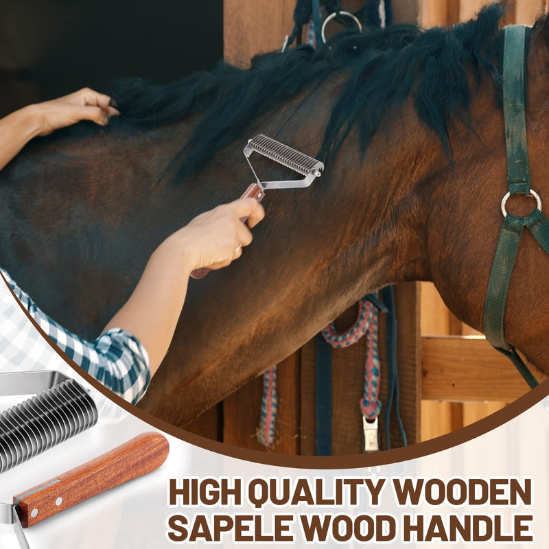 Abbylike Large Horse Brush Deshedding Tool Horse Goats Cow Brush for Shedding Cattle Livestock Comb for Grooming Dematting Supplies with 27 Stainless Steel Blades and Wood Handle - PawsPlanet Australia