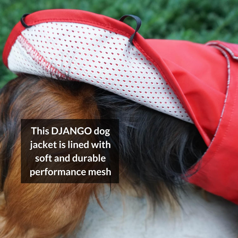 DJANGO Dog Jacket & Raincoat – Lightweight Water-Resistant Coat for Small, Medium & Long Dogs Like Dachshunds – Reflective, Adjustable Fit, Harness-Compatible & Easy-Access Harness Hole - Red, Large Cherry Red - PawsPlanet Australia