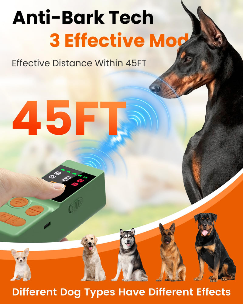 [Digital LED Display] ultrasonic Dog bark Deterrent with 4 Transmitters, Green 10 Gears Dog Training Device for Dogs, Rechargeable Anti Barking Device & Dog Repellent with Flashlight