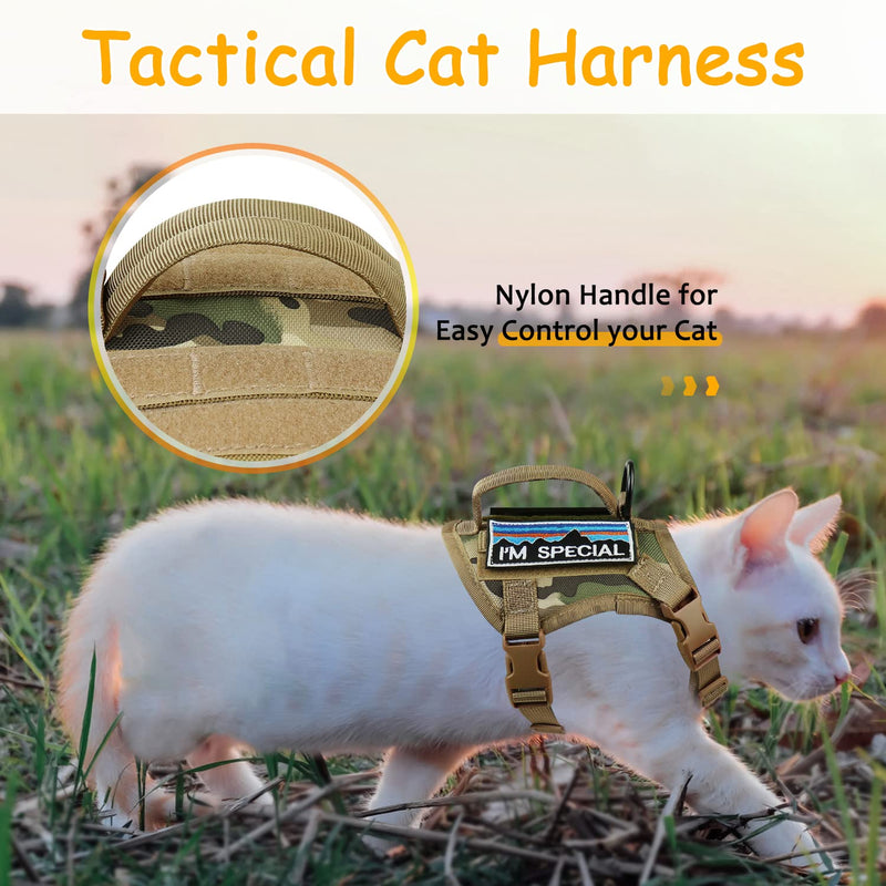 Tactical Cat Harness for Walking, Adjustable Escape Proof Pet Vest for Large Cat,Easy Control Breathable Cat Vest with Handle?Molle Patches (camo Khaki, L) camo khaki - PawsPlanet Australia