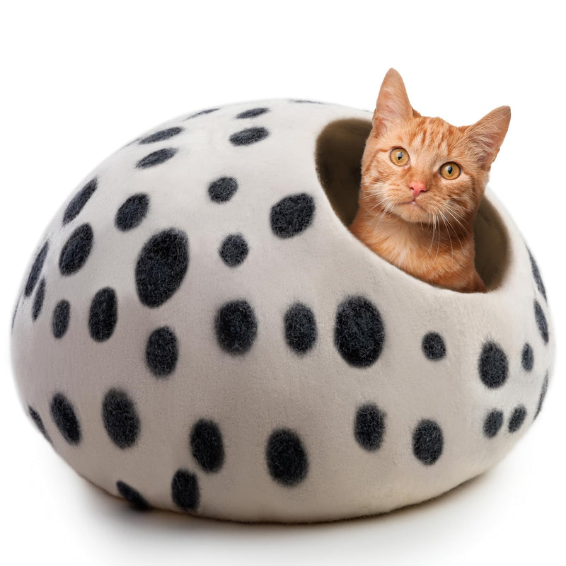 Luxurious Merino Wool Cat Cave - Foldable Hideaway Pod for Indoor Cats - Premium Felt Kitten Pet Enclosure - Covered Cat House for Ultimate Cozy Comfort by Woolygon White Polka - PawsPlanet Australia