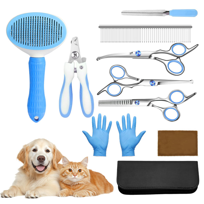 Dog Grooming Kit 9pcs Professional Scissors Set with Comb for Dogs Cats Dog Brush for Shedding Nail Clipper with Nail File Brushes for Grooming Safety Round Tip Shears Kit Blue Small Large Pet - PawsPlanet Australia