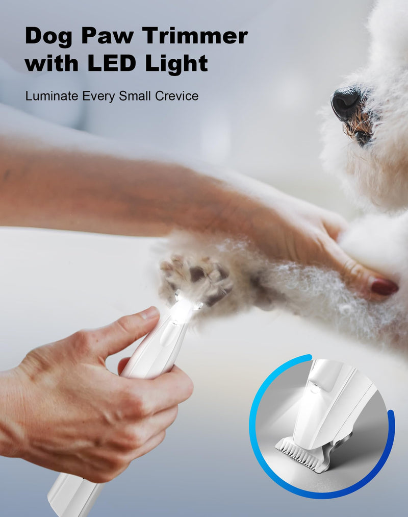 Dog Paw Trimmer for Grooming, Cordless Electric Dog Clippers with LED Light, Rechargeable Low Noise Small Pet Shaver for Trimming Cat's Hair Around Eyes, Faces, Ears, Paws, Rump(White) White