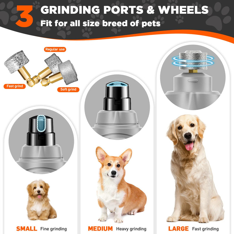 Dog Nail Grinder Quiet Dog Nail Trimmers with 2 LED Lights 3-Speed 3 Grinding Bits 3 Grinding Ports Rechargable Dog Nail Clippers Tool for Large Small Dogs Cats-A Light Grey - PawsPlanet Australia