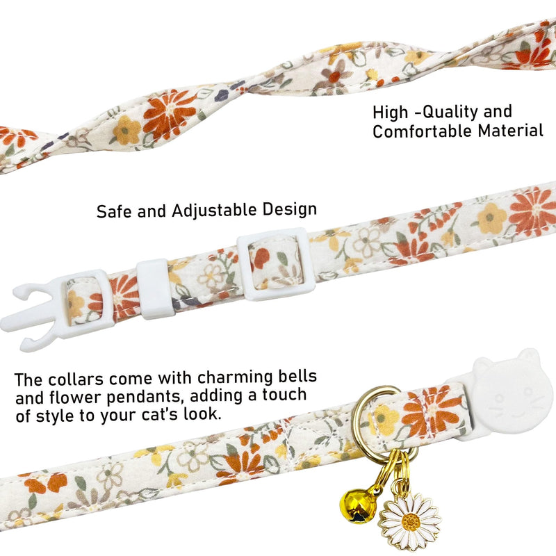 2 Pack Cotton Breakaway Cat Collars Set with Bell and Flower Pendant, Cute Floral Fruit Patterned, Adjustable 7.5-11Inch, Include A Mouse Toy Gift beige+dark pink - PawsPlanet Australia