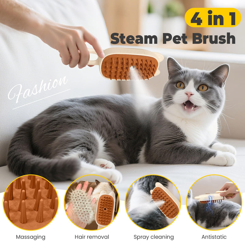 Cat Steam Brush for Shedding, 4 in 1 Rechargeable Steam Brush for Cats and Dogs, Anti-Static, Massage, flea comb for cats& Pet Removal Hair Glove,Shedding & Combing All In One! Beige - PawsPlanet Australia
