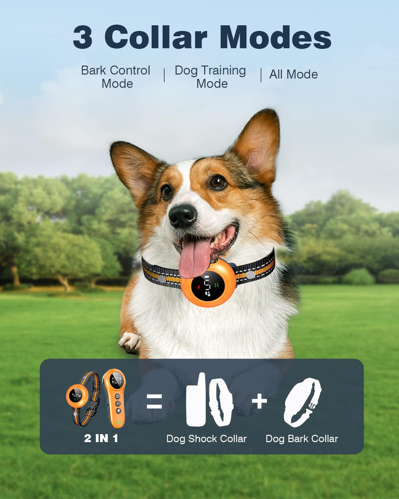 2-in-1 Dog Shock Collar & Dog Bark Collar - Smart Anti Barking Dog Training Collar with 5 Adjustable Sensitivity & 3300FT Remote for All Breeds IP67 Waterproof Rechargeable E-Collar (Orange) Orange - PawsPlanet Australia