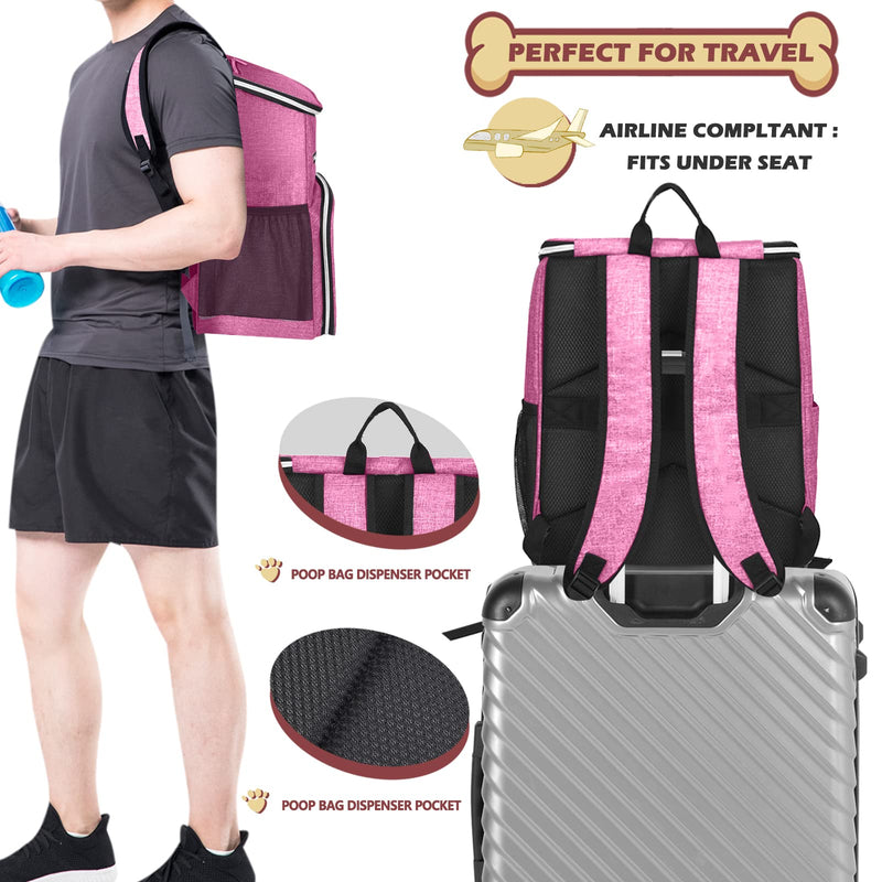 BAGLHER丨Dog Travel Bag Backpack, Airline Approved Pet Supplies Backpack, Dog Travel Backpack with 2 Silicone Collapsible Bowls and 2 Food Baskets Pink - PawsPlanet Australia