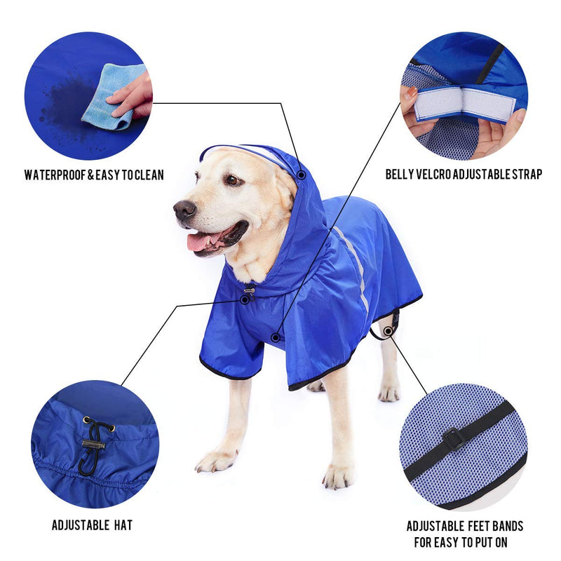 Dog Rain Jacket Raincoat with Adjustable Belly Strap and Leash Hole - Hoodie with Reflective Strip - Waterproof Slicker Lightweight Breathable for Medium Large Dogs - Easy to Wear, Blue 6XL 6XL (Back: 31")