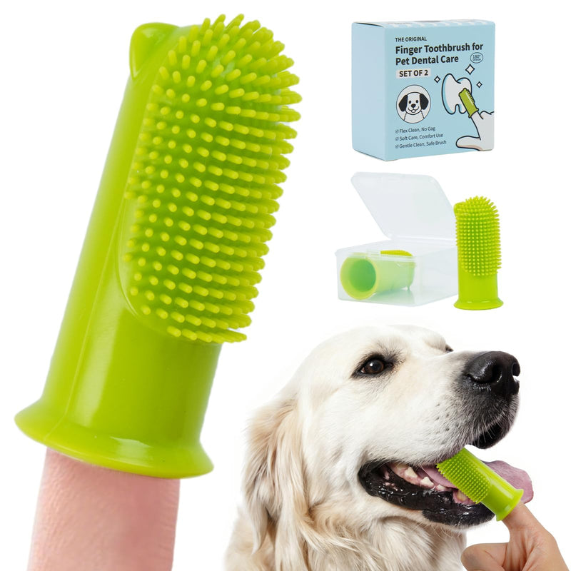 2-Pack Dog Toothbrush for Different Finger Sizes, 180° Bristle Coverage, Soft Dog Tooth Brushing Kit for Medium & Large Dogs, Dental Care Pet Teeth Plaque and Tartar Cleaning, Food-Grade Silicone Green
