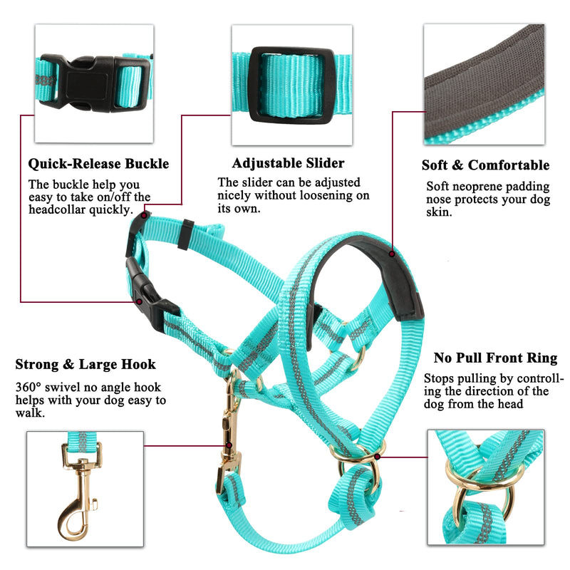 BARKLESS Dog Head Collar, No Pull Dog Halter with Soft Padding, Reflective Training Tool for Medium Large Dogs, Labrador, Stops Heavy Pulling and Easy Control on Walks L Turquoise