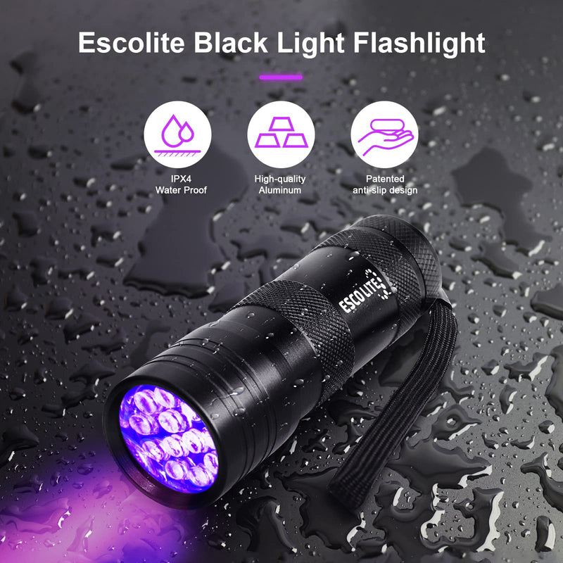 Escolite Black Light Flashlight, 12LED 395nm UV Handheld Black Light Mini, Dogs Urine Detector for Dry Urine Stains, Bed Bugs, Scorpions(2 Packs) - PawsPlanet Australia
