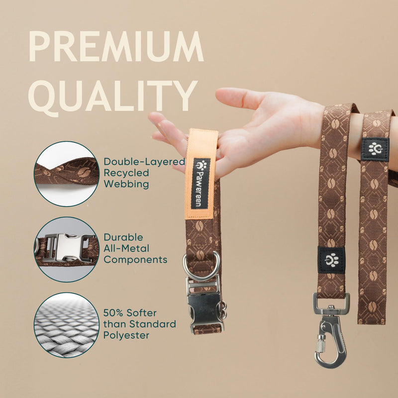 Eco-Friendly Dog Collar and Leash Set, Recycled Soft-Woven Material, Unique Design, Weave Pattern, Cute and Fashionable, Adjustable Size for Small/Medium/Big Dog, Coffee, Size S S (11.8-15.8inch) Coffee-Set - PawsPlanet Australia