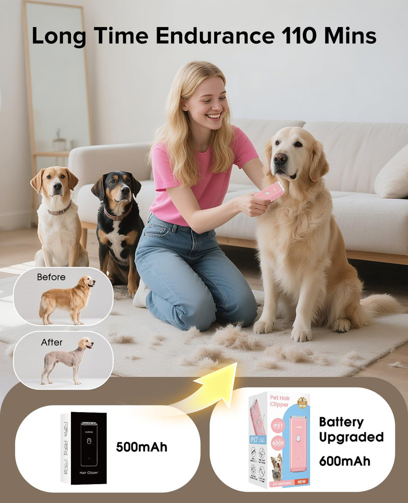 Pet Clippers for Dog Hair Grooming Low Noise, Rechargeable Cordless Cat Shaver with Ceramic Blade,Portable Pet Hair Trimmer for Matted & Long Hair Pink