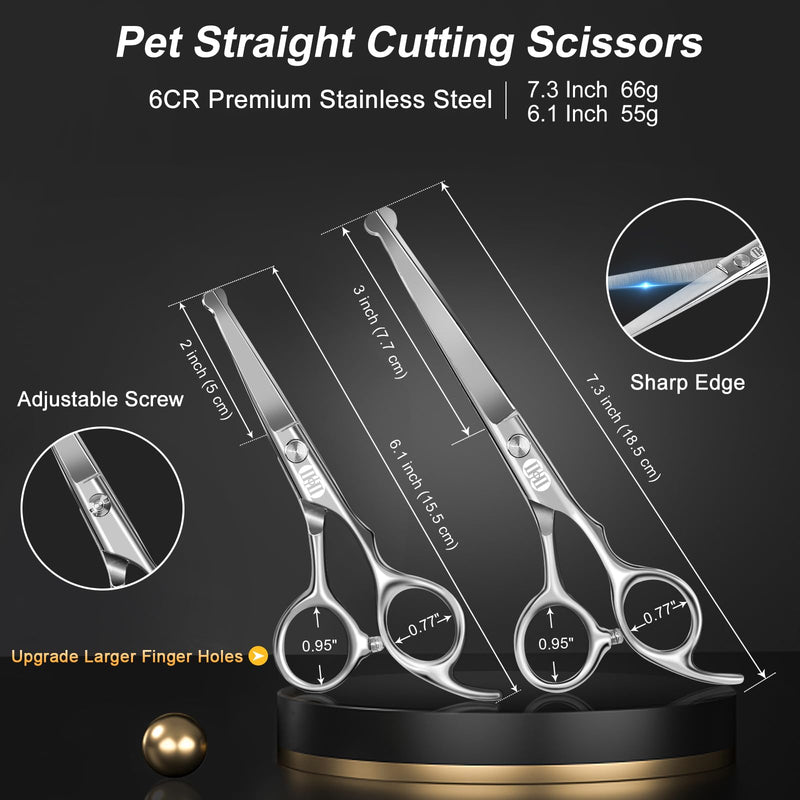 CIICII Dog Grooming Scissors Kit, 7 Inch Professional Pet Grooming Scissors Set with Safety Round Tip (Dogs/Cat Hair Cutting Trimming Thinning Shears with Curved Scissors) for DIY Home Salon (Silver) Silver Dog Grooming Scissors - PawsPlanet Australia