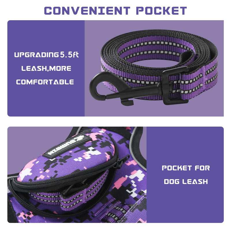 No Pull Dog Harness for Medium Dogs, Adjustable No Choke Pet Vest with Dog Leash Fit Smart Reflective Pet Walking Harness for Training Easy Control Soft Handle Purple Camo M - PawsPlanet Australia