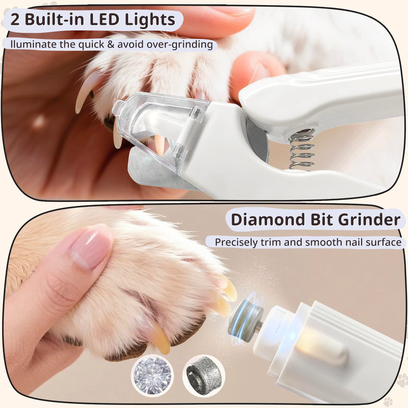 2-in-1 Dog Nail Trimmers & Dog Nail Grinder, Dog Nail Clippers with 2 LED Lights & Safety Guard, USB Rechargeable, Multiple Grinding Methods for Small, Medium, and Large Dogs & Cats (White) White