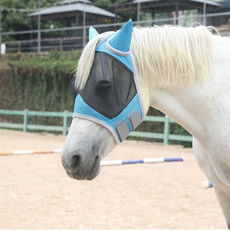 Horse Fly Mask with Ears Cover | Forelock Opening for Tangle-Free Mane Care | UV Protection & Breathable Mesh | No Rub Fit and Enhanced Visbility for Trail Riding Paleblue Pony Pale Blue