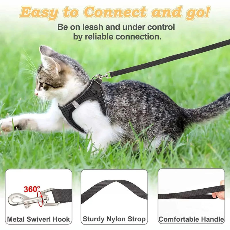Cat Harness – Escape Proof Soft Mesh Vest for Indoor Cats, Side-Through No-Pull Design, Adjustable & Lightweight with Reflective Strips (Black, L) - PawsPlanet Australia
