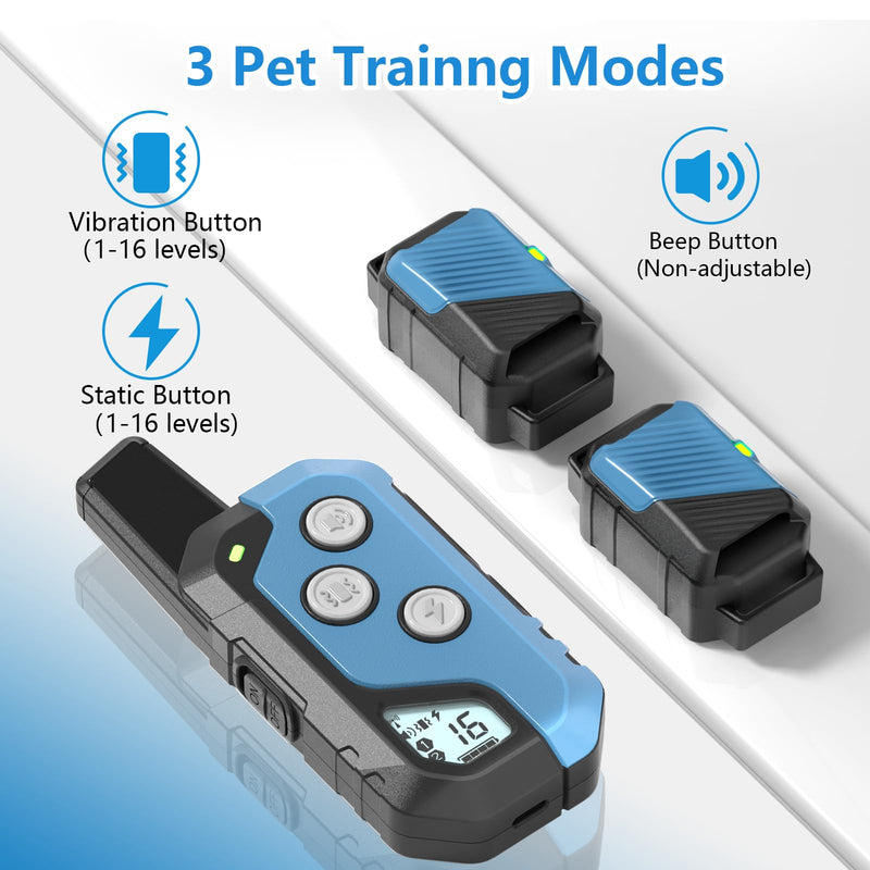 Shock Collar for Dogs, Dog Training Collar with Remote Control for 2 Dogs, 3 Training Modes with Beep, Vibration and Satic, Waterproof, Rechargeable E Collar for Large Medium Small Blue - PawsPlanet Australia