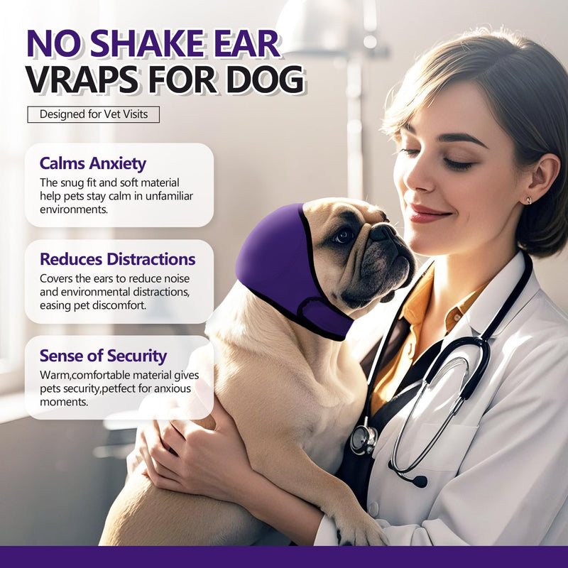JOHNBOLIN Dog Ear Muffs & No Shake Ear Wrap for Hematoma, Bathing, Drying & Noise Anxiety Relief - Elastic Waterproof Ear Protector with Calming Hoodie Design for Grooming (Purple, L) Large(Head Circle:18"-24") Purple