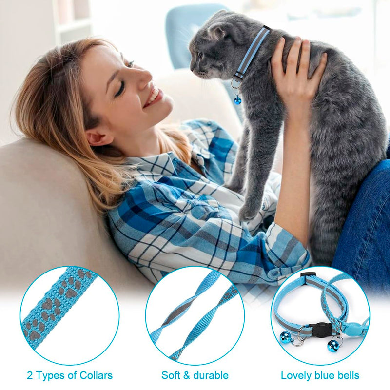 2 Pack Cat Collar with Bells, Reflective Collars for Cats with Breakaway Safety Buckle, Nylon, 7-12 Inch Adjustable, Blue - PawsPlanet Australia