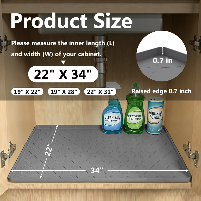 Mateeylife Under Sink Mats for Kitchen Waterproof 34"X22", Undersink Protectors，Silicone Mat Cabinet Liner, Under Sink Organizer for Bathroom and Kitchen，Boot Tray Pet Food Mat, Dark Grey 22''W x 34''L - PawsPlanet Australia