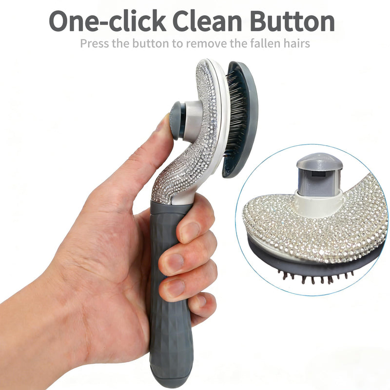 Diamond Rhinestone Cat Hair Brush Deshedding Brush Dog Hair Remover Tool Stainless Steel Comb Slicker Brush with Release Button for Dog Cat Rabbit Shedding Pets Grooming (Gray) gray - PawsPlanet Australia