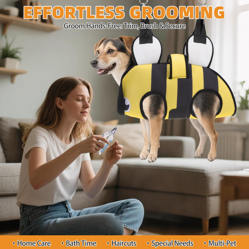 Dog Grooming Hammock for Small Dogs Cats, Cute Bee Design Dog Hanging Harness for Nail Trimming/Clipping, Pet Sling with Grooming Kit and Thick Neck Support & Strap Restraint Claw Care, XS X-Small Yellow Bee