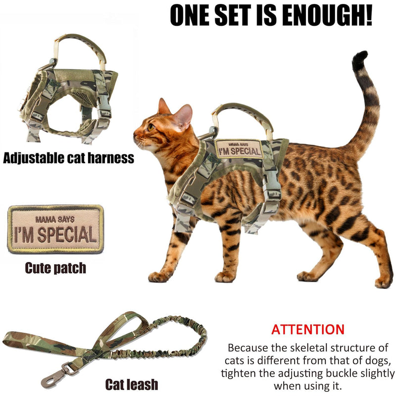 AIWAI Tactical Cat Harness for Walking Escape Proof, Adjustable Pet Vest Harness, Soft Mesh with Control Handle for Large Cat Small Dog, Gift with Patch (Camouflage, cat Harness and Leash Set) One Size - Harness and Leash Set Camouflage