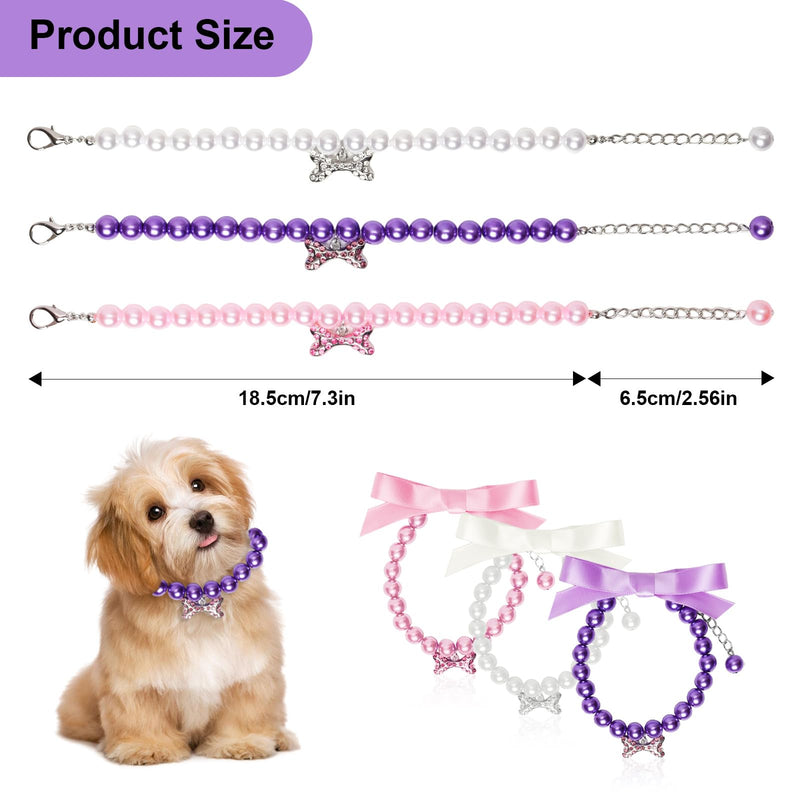 3 Pcs Small Dog Collars Female Jewelry Cute Ribbon Bow Pet Cat Pearl Necklace Collar with Bling Rhinestones Bone for Dogs Puppy Kitten Wedding Birthday Party White,Pink and Purple - PawsPlanet Australia