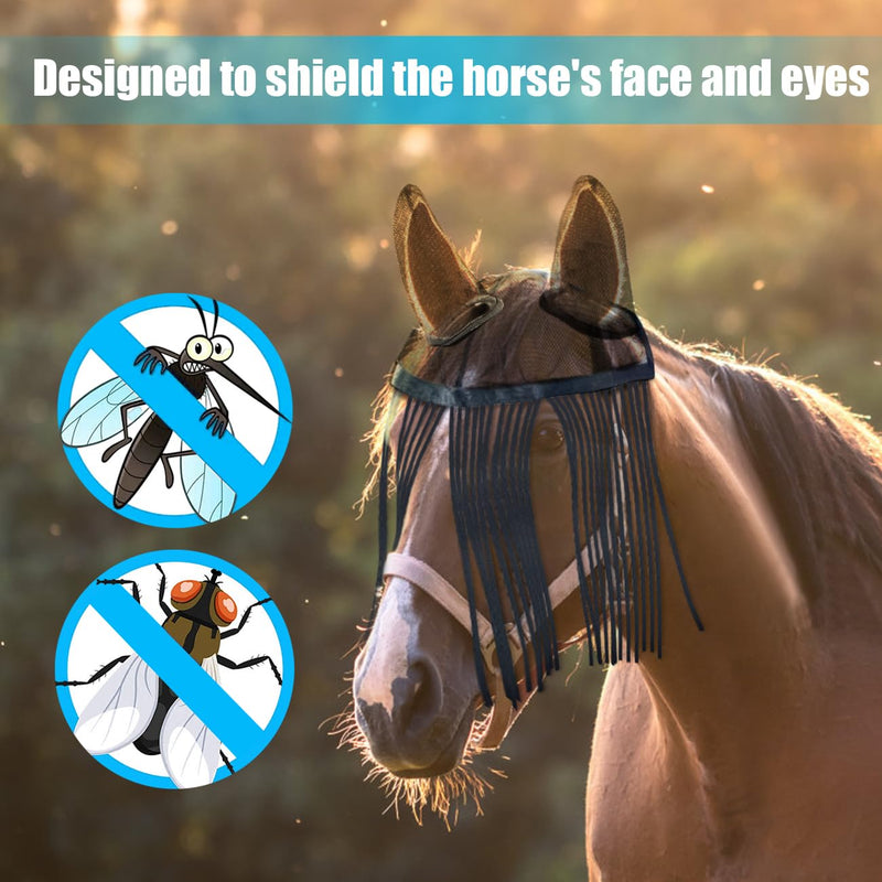 La La Pet Breathable Mesh Horse Fly Mask Protective Face Cover with Ears and Nose Fringe Super Comfort Protector Defender Soft on Skin Equestrian Supplies in Summer