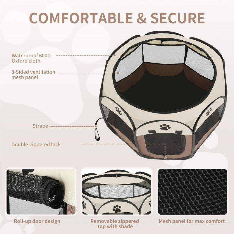 Dog playpen, Foldable Puppy Playpen, Pet Playpen Carrier Pop Up Tent 8-Panel Mesh Cover Adorable Design 600D Soft Oxford Playpen Kennel for Indoor-Outdoor Dog Cat Rabbit. (M 35" 35" 24", Brown) M 35" * 35" * 24" - PawsPlanet Australia