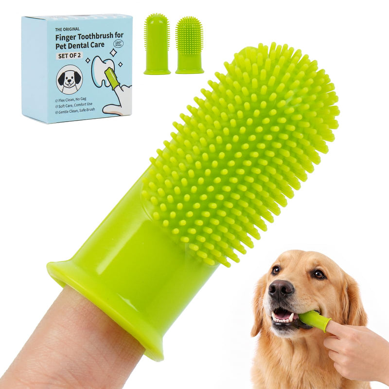 Dog Toothbrush, 180° Dog Finger Toothbrush for Plaque Tartar Cleaning, 2-Pack Finger Toothbrush for Dogs Silicone, Teeth Cleaning, Dog Tooth Brushing Kit for Medium & Large Pets Green