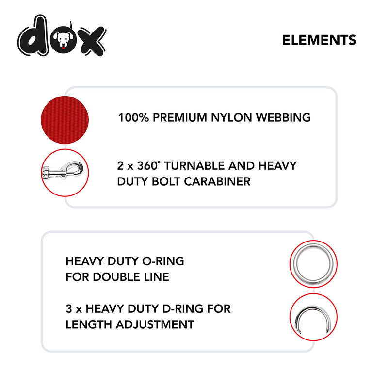DDOXX Nylon Dog Leash - 6.6 Ft, 3-Way Adjustable Dog Leash - Medium (Red) Red M - 0.8 x 78.7 in - PawsPlanet Australia