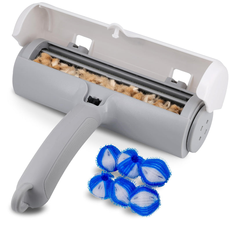 Pet Hair Remover Brush for Cats and Dogs on Sofa, Carpets, Clothes, Car, Brush, Duo Pets, Reusable No Refill, Easy Cleaning + Bonus Balls Washing Machine. white/grey - PawsPlanet Australia