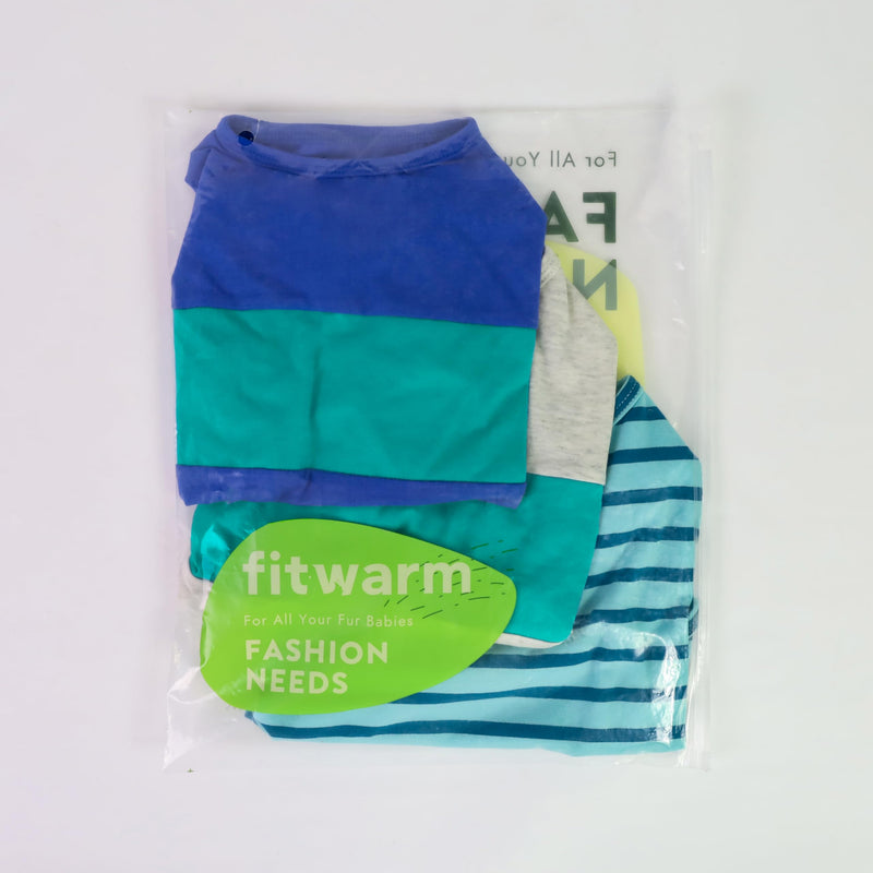 Fitwarm 3 Pack Color Block Striped Dog Shirt, Summer Dog Clothes for Small Dogs, Breathable Lightweight Pet Tshirt with Sleeves, Cat Outfit, Royal Blue, Gray, Teal, Medium RoyalBlue-Gray-Teal - PawsPlanet Australia