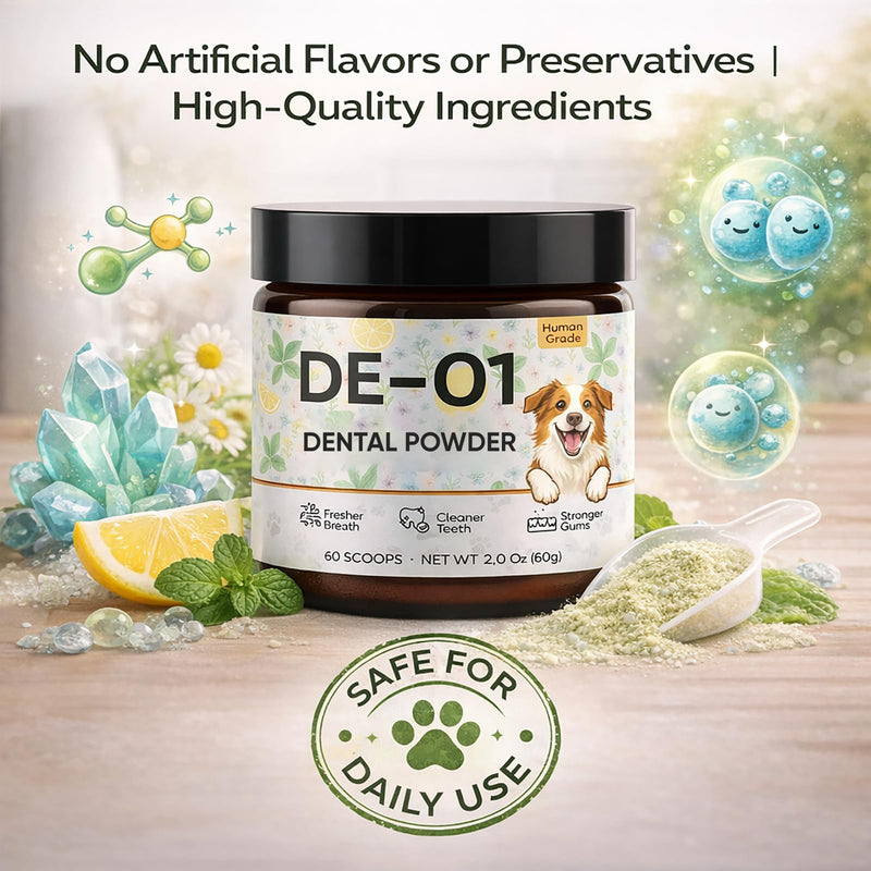 Dental Powder DE-01 - Dog Dental Powder Supplement for Teeth Cleaning Powder to Reduce Plaque, Tartar Build-up, and Bad Breath, Oral Microbiome Balance - 2oz - PawsPlanet Australia