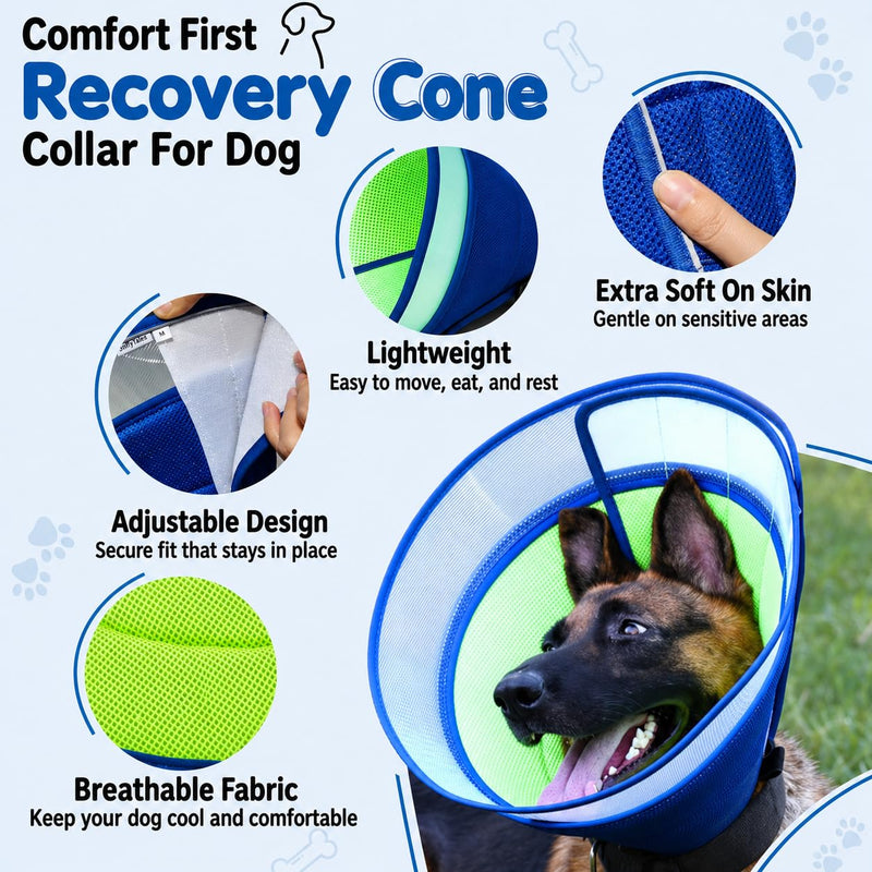 Soft Dog Cone Collar After Surgery – Adjustable Recovery Cone for Medium & Large Dogs – Double-Layer Protective Elizabethan Collar for Wound Protection & Licking Prevention – Comfortable - Blue