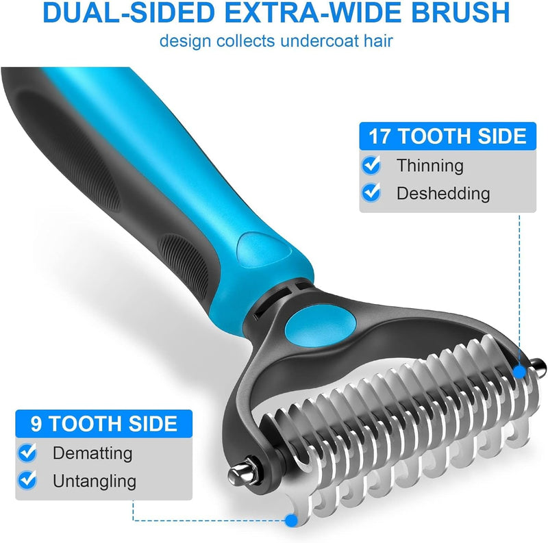 DakPets Pet Grooming Brush. Extra Wide, Double Sided Dematting Undercoat Rake for Dogs and Cats. Reduce Dog and Cat Shedding by 95%, Blue - PawsPlanet Australia