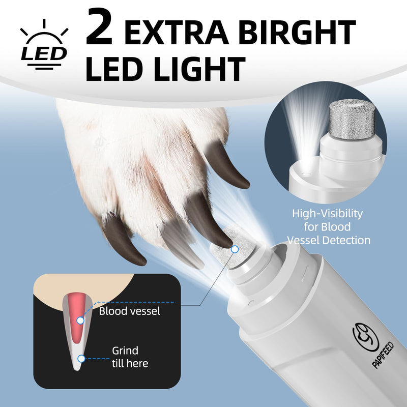 Dog Nail Grinder with 2 LED Light,3-Speed Rechargeable Dog Nail Trimmer, Upgraded Powerful Electric Dog Toe Nail File Quiet Painless, Paws Grooming for Small Medium Large Dogs Cats-White White - PawsPlanet Australia