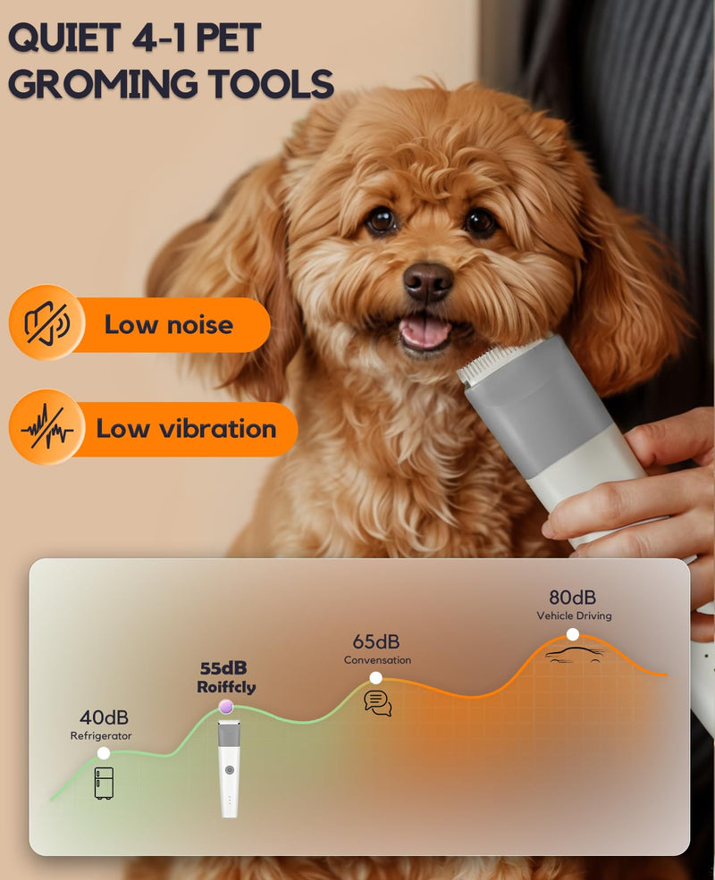 Dog Clippers Grooming Kit, 4 in 1 Quiet Cordless Dog Paw Trimmer & Nail Grinder, Small Dog Cat Clippers Electric Rechargeable Low Noise Pet Shaver for Trimming Hair on Paw Eye Ear Face Rump (Gray) Gray - PawsPlanet Australia