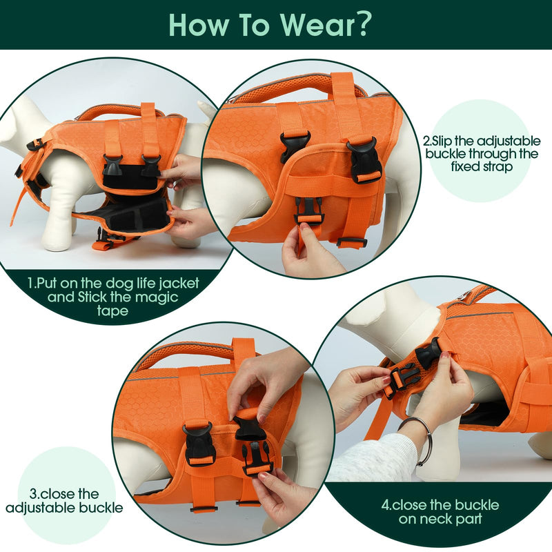 Kuoser Dog Life Jacket High Flotation, Reflective Dogs Life Vest for Swimming Boating, Adjustable Small Medium Large Dog lifejacket, Lightweight Dogs Life Preserver Rescue Handle Spring Summer Pool S (Chest Girth:16.9-21.3'') Bright Orange - PawsPlanet Australia